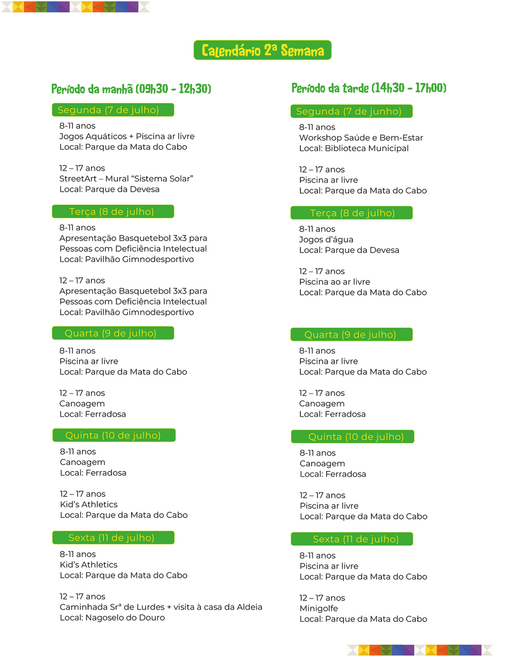 Calend&aacute;rio 2&ordf; Semana