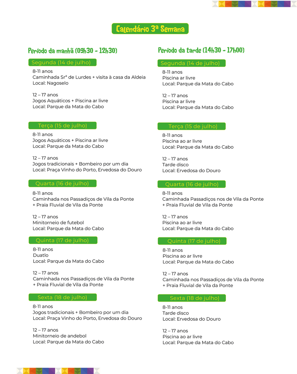 Calend&aacute;rio 3&ordf; Semana