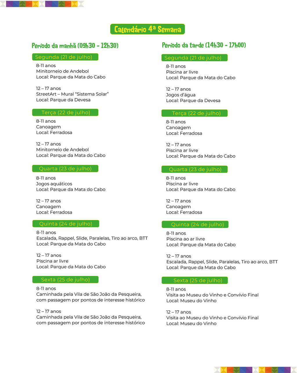 Calend&aacute;rio 4&ordf; Semana